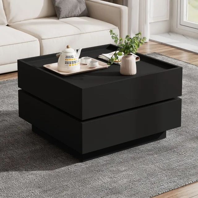 VVBV Salontafels Functionele salontafel voor de woonkamer 360° draaibaar draaibaar blad met 2 legplanken en opbergruimte zwart onderstel 60*60*38 cm