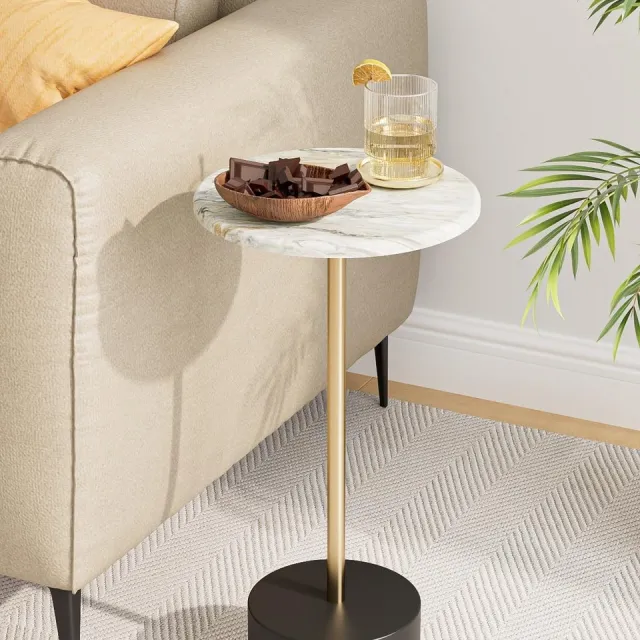 Ibenzoa Stijlvolle ronde bijzettafel met marmerlook voor woonkamer en slaapkamer, wit en goud design