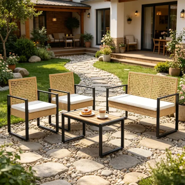 CHICFURN Loungeset - Modulair - Metalen frame - Naturel hout Natuurlijke houtkleur