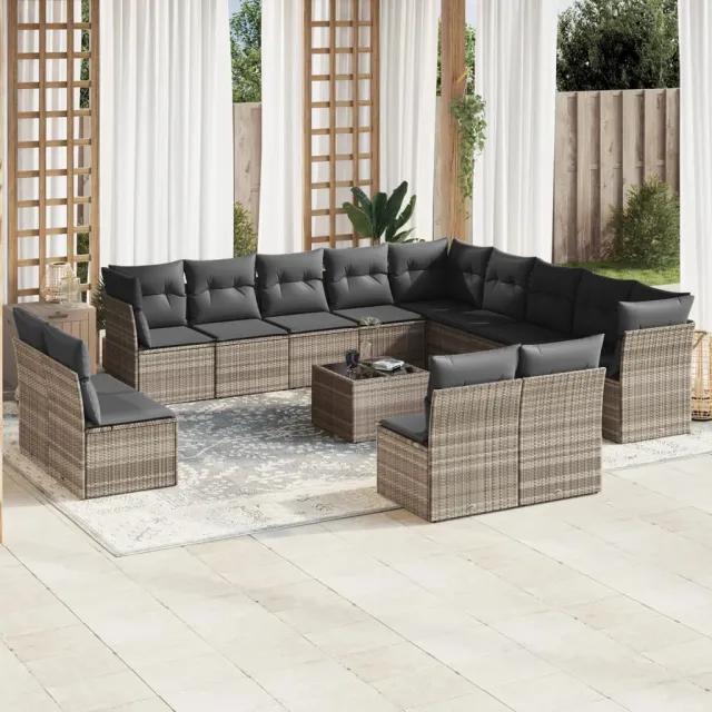 vidaXL 14-delige Loungeset met kussens poly rattan lichtgrijs grijs, foto 2