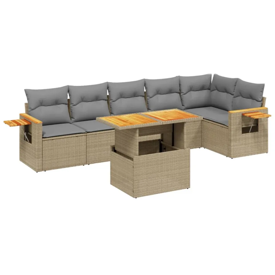 vidaXL 7-delige Loungeset met kussens poly rattan beige, foto 3
