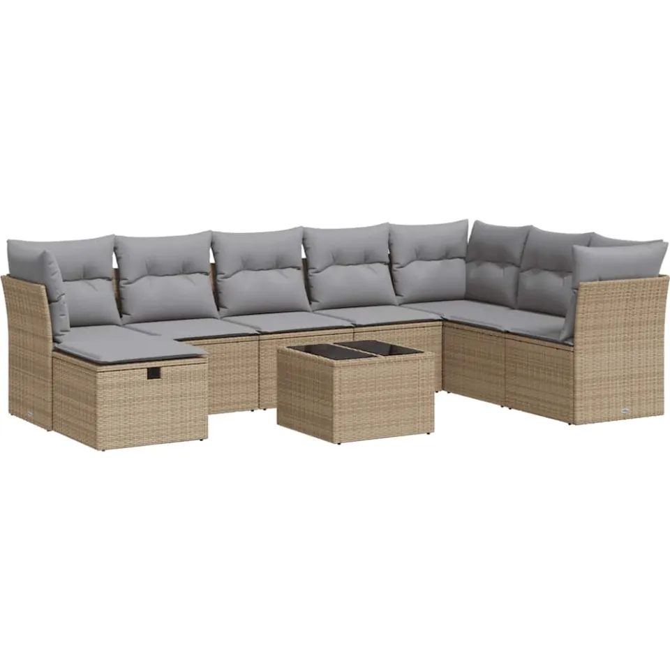 vidaXL 9-delige Loungeset met kussens poly rattan beige, foto 3