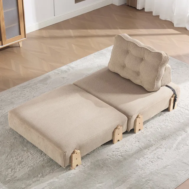 Wishdor Fauteuil - 1-zits slaapstoel - Handmatig opvouwbaar - Scandinavisch - Corduroy - Houten poten - Kaki - 90 x 86 x 84 cm Khaki