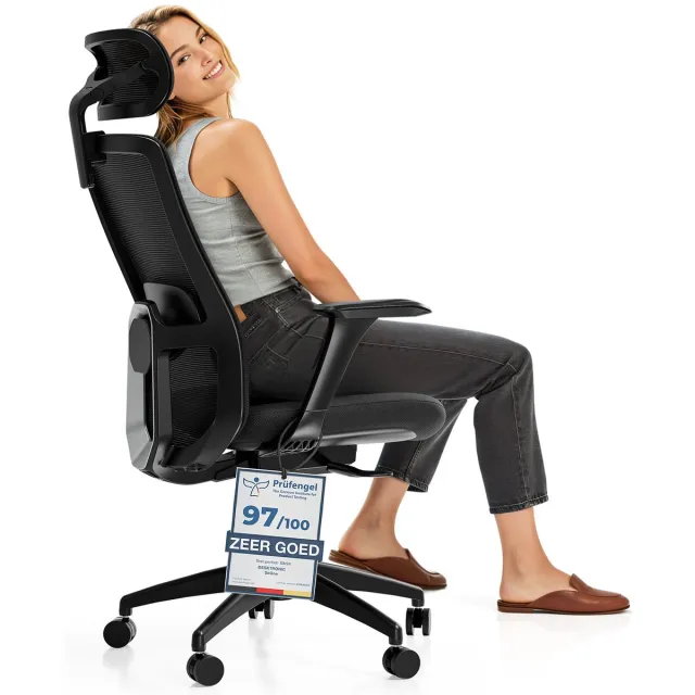 Desktronic SitOne Ergonomische Bureaustoel - Bureaustoelen voor volwassenen - Bureau stoel voor kantoor, gaming - 4D lendensteun systeem - Armleuningen 4D - Rugleuning 98° tot 135° - heeft BIFMA en .IGR ergonomiecertificering - Zwart