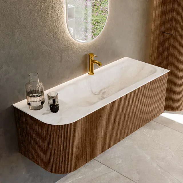 Mondiaz KURVE-DLUX 125 cm Onderkast Greeploos 1 Lade Met Deuren Walnut, Wastafel Solid Surface Rechts Frappe 1 Kraangat Zonder Spiegel (KRVBGM125L1L1D1KR-Wal/Fra)
