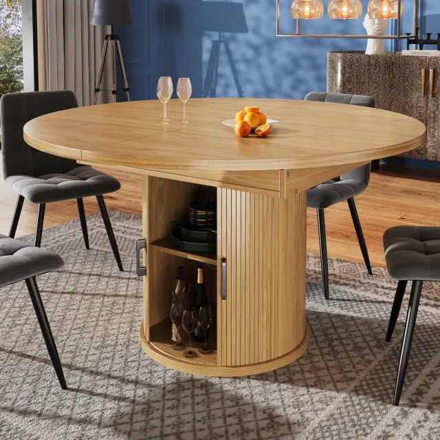 MEUNIQ Uitschuifbare ronde eettafel 118-158 x 118 cm voor maximaal 6 personen, met opbergruimte en verstelbare voeten, naturel Natuurlijk