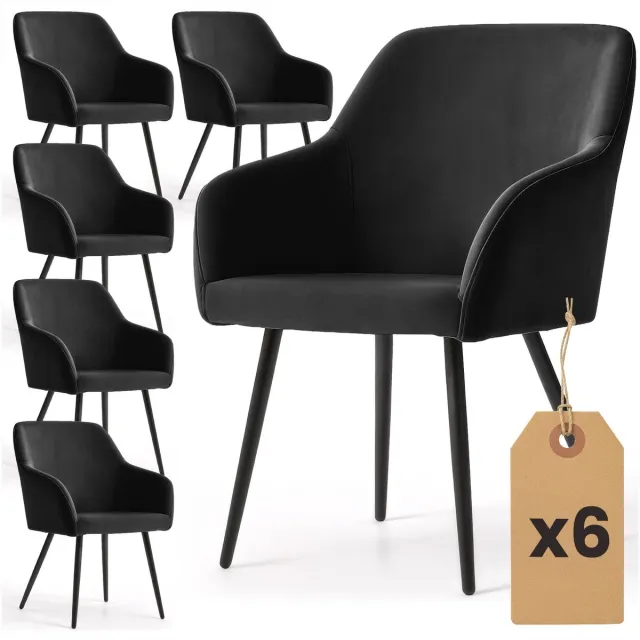 Akord Set van 6 Eetkamerstoelen ESTELLE met Armleuningen / Gestoffeerde Stoelen / Fluwelen Stoelen en Metalen Poten / Zwart met zwarte benen