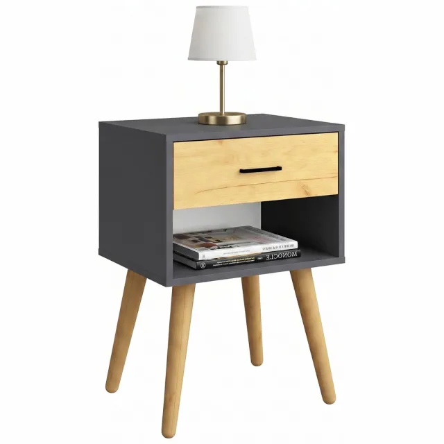 Vcm Nachttisch mit Schublade und Ablagefach, 45 x 30 x 70 cm, Beistelltisch im Retro-Design mit Holzfüßen - Singol Anthrazit / Honig-Eiche