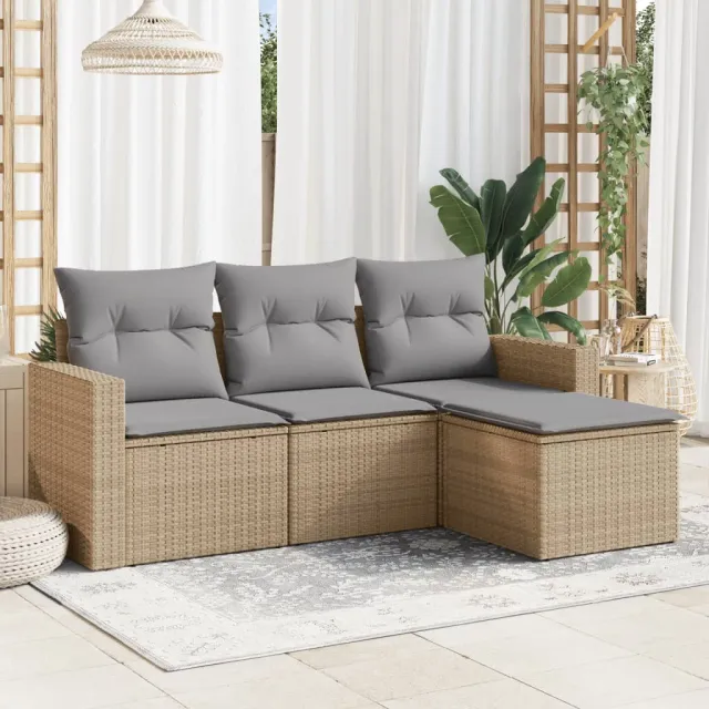 vidaXL 4-delige Loungeset met kussens poly rattan beige, foto 2