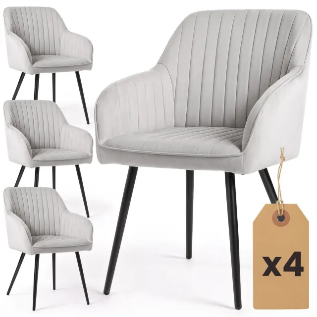 Akord Set van 4 Eetkamerstoelen FLORENCE met Armleuningen / Gestoffeerde Stoelen / Fluwelen Stoelen en Metalen Poten / Grijs met zwarte benen
