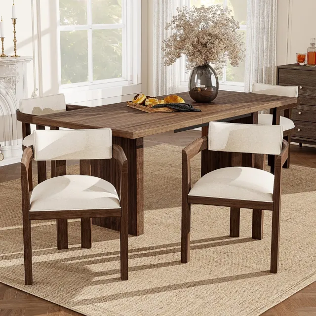 Wishdor Set Van 6 Eetkamerstoelen Met Armleuningen En Ademend Zitcomfort - Klassiek Ontwerp - Voor Eetkamer, Woonkamer Of Café - Houten Frame Met Linnen Bekleding - Walnootkleur - Draagvermogen 150 Kg Notenhout