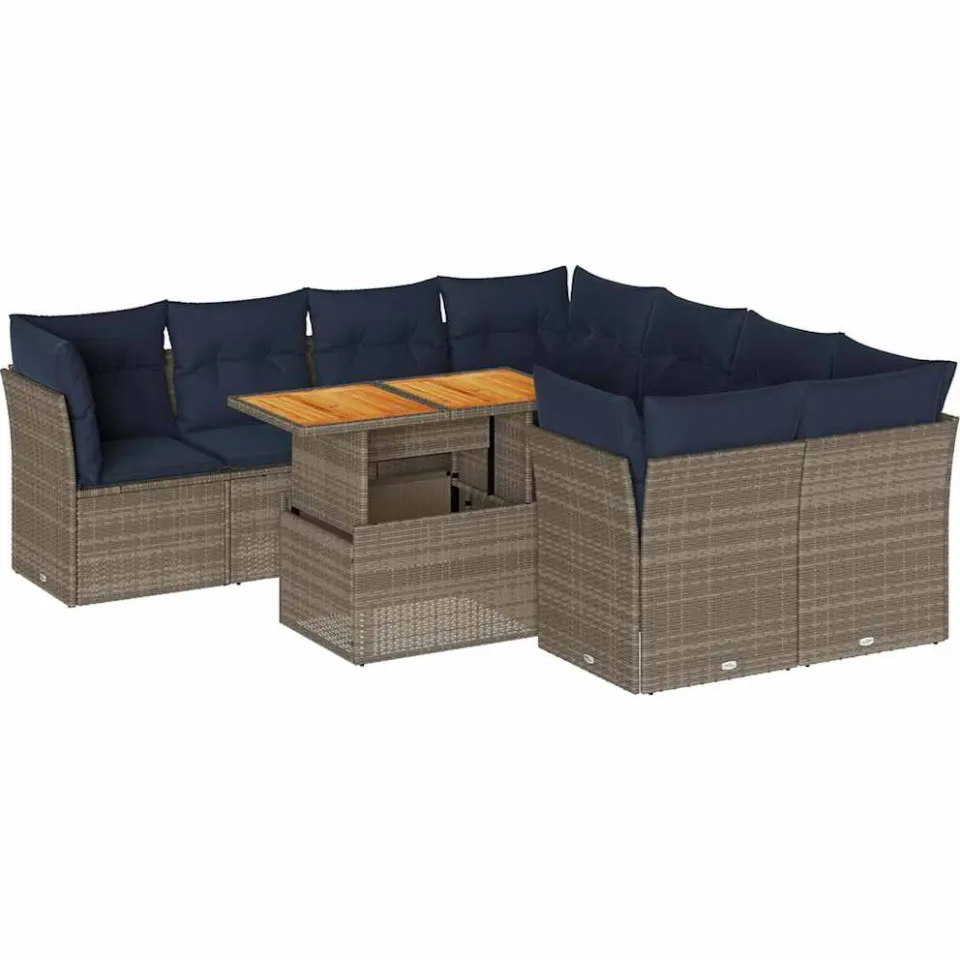 vidaXL 9-delige Loungeset met kussens poly rattan grijs, foto 3
