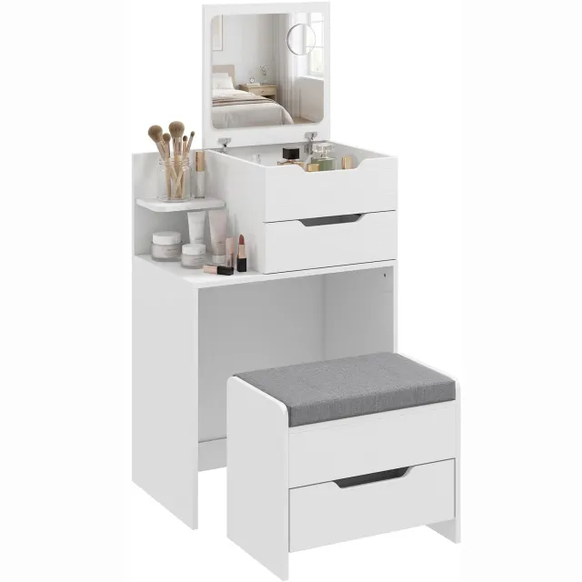 Bresht Kaptafel - Make-uptafel - Opklapbare Spiegel - Met Kruk - Opbergruimte - Vergrootspiegel - Wit/Grijs - 60 × 40 × 129,8 cm Wit en grijs