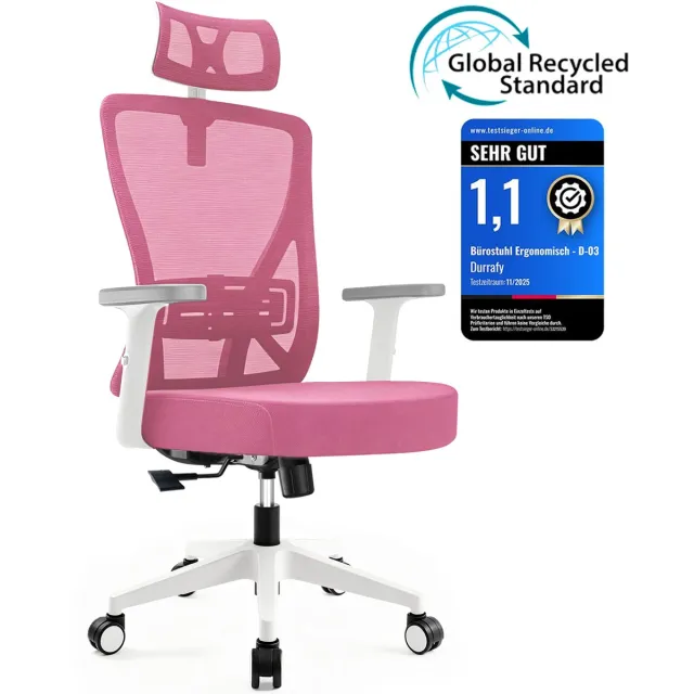 Durrafy Ergonomische Bureaustoel - Bureaustoel - Office Chair - Bureaustoelen voor Volwassenen met Verstelbare Armleuningen & Hoofdsteun - Verstelbare Lendensteun (±6 cm) - Computerstoel met 90°-135° Kantelbare Rugleuning - Max. 155 kg - roze D03-Roze