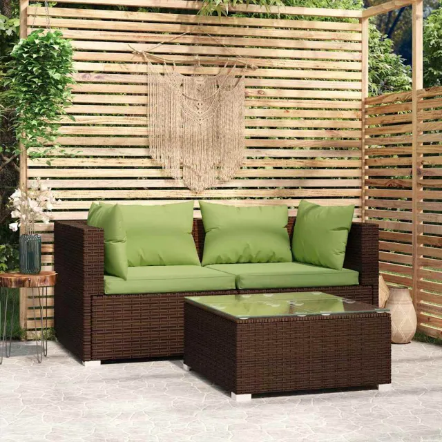 vidaXL 3-delige Loungeset met kussens poly rattan bruin, foto 2