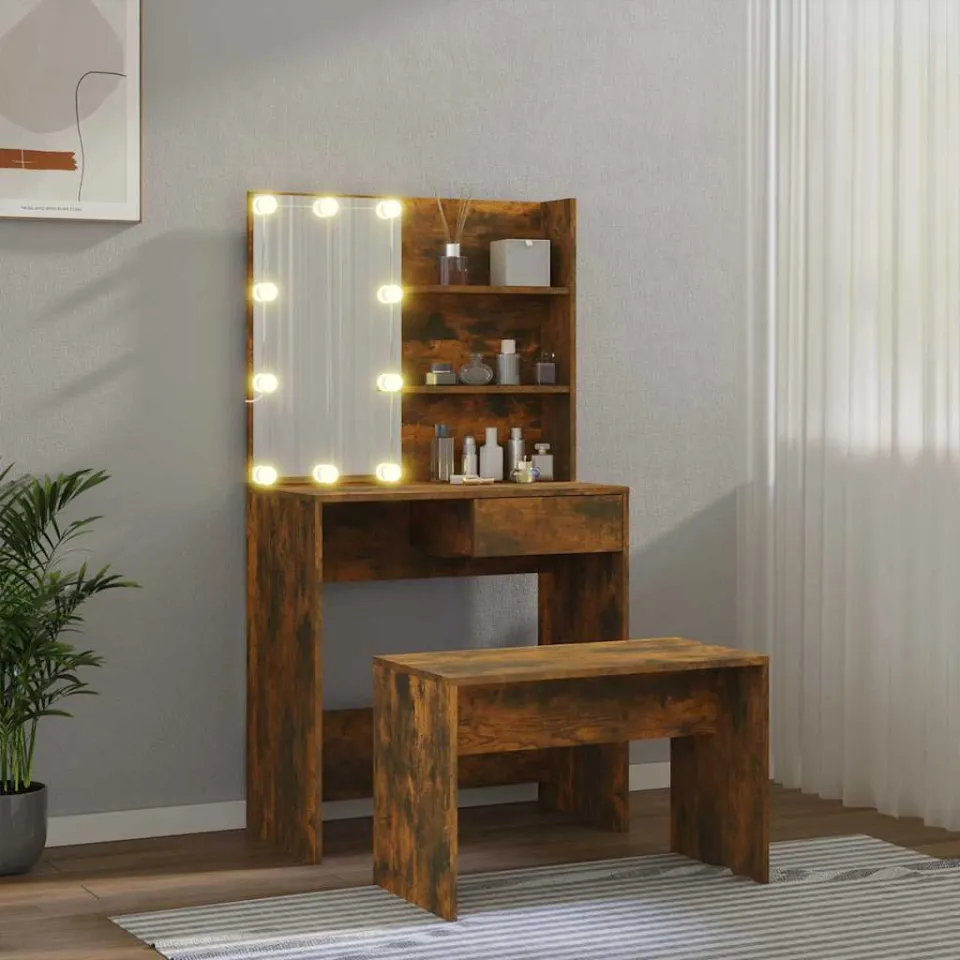vidaXL Kaptafelset met LED's bewerkt hout gerookt eiken, foto 3