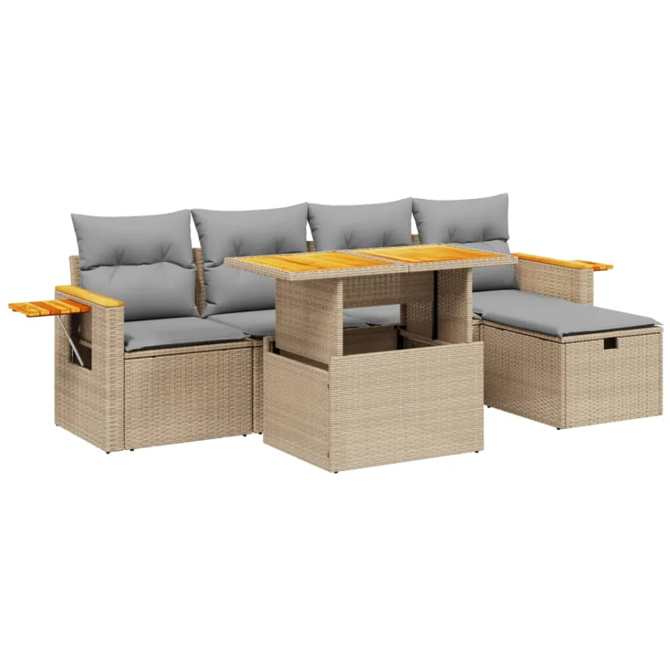 vidaXL 6-delige Loungeset met kussens poly rattan beige, foto 3