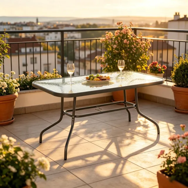 HAUSS SPOLE Tuintafel - Rechthoekige Eettafel Met Parasolgat - Voor Tuin, Terras En Balkon - Metaal En Gehard Glas - Grijs - 120 X 80 X 70 Cm Grey