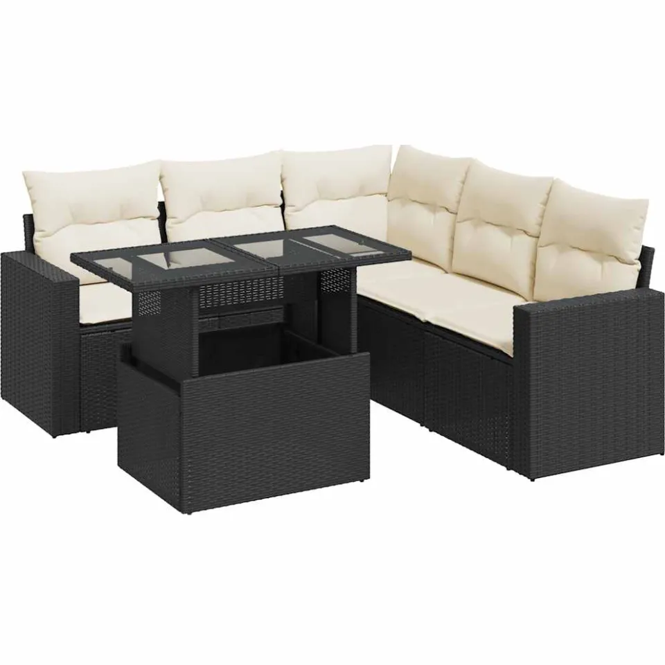 vidaXL 6-delige Loungeset met kussens poly rattan zwart, foto 3