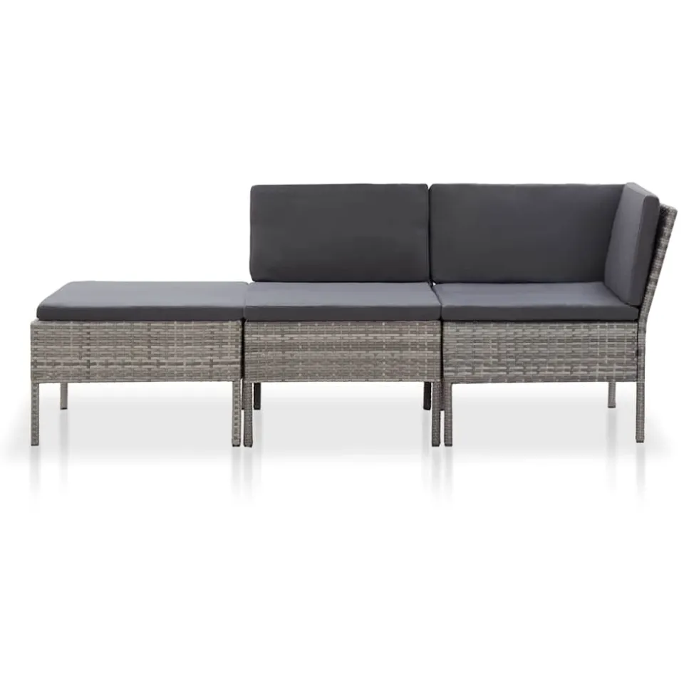 vidaXL 3-delige Loungeset met kussens poly rattan grijs