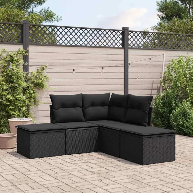 vidaXL 5-delige Loungeset met kussens poly rattan zwart, foto 2