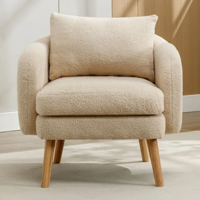 in& out door furniture Moderne, eenvoudige fauteuil van teddyfluweel met kussen, fauteuil met extra dikke kussens, fauteuil met één bank, gestoffeerde fauteuil, relaxfauteuil, stoel met massief houten poten wit