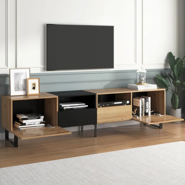 MIVRAY Tv Meubel - Modern Design Met 2 Deuren En 2 Lades - Ruime Opbergruimte Voor Woonkamer - MDF - Zwart Naturel 190x38x48 Cm