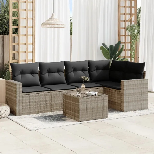 vidaXL 6-delige Loungeset met kussens poly rattan lichtgrijs grijs, foto 2