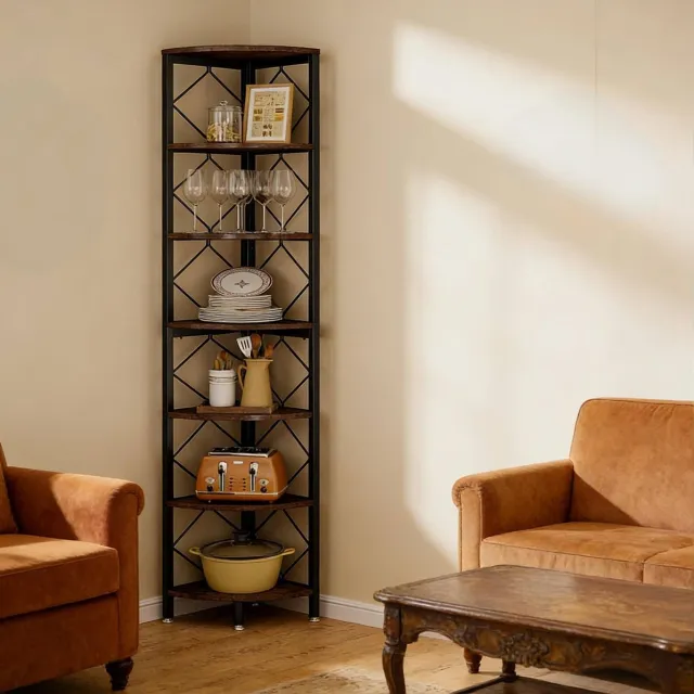REDOM Boekenkast - Smal 7-niveaus hoekrek - Open kast - Industrieel - Woonkamer, keuken, balkon - Metaal en spaanplaat - Zwart, Bruin - 35 x 35 x 200 cm