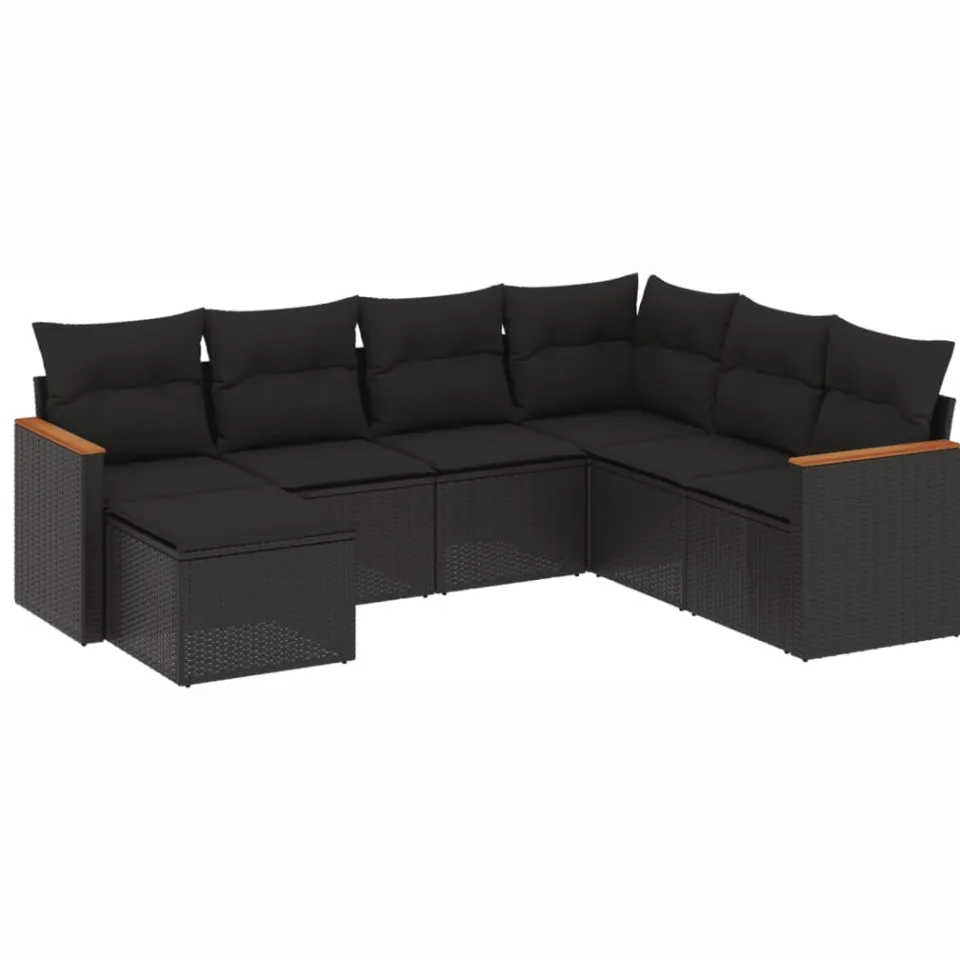 vidaXL 7-delige Loungeset met kussens poly rattan zwart