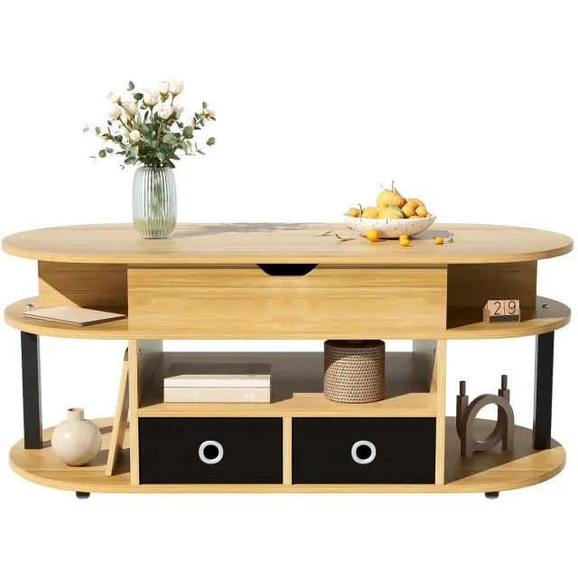 Merax Verstelbare Salontafel met Opbergruimte en 2 Lades – Houtlook en Zwart – 105 x 50 x 45-60 cm Bruin
