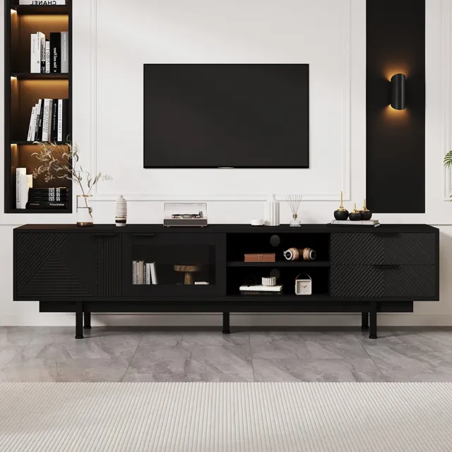 Pugsdrly Moderne en eenvoudige tv-meubel 200*40*50,5 cm, laag meubel met 2 deuren en 2 lades, tv-meubel met grote opbergruimte, woonkamermeubel met een totaal draagvermogen van 45 kg, geschikt voor 80 inch, zwart
