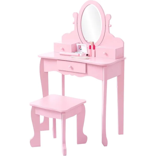 HOERFURIY Kinderkaptafel voor Meisjes met Spiegel en Krukje - Prinses Make-up Tafel - 2-in-1 Bureau - 3 Laden - 4 tot 9 Jaar - roze
