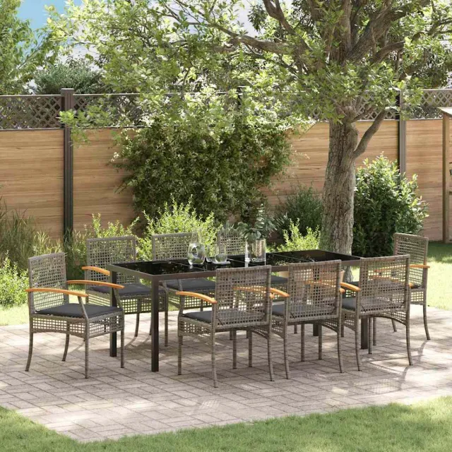 vidaXL Tuin eettafelset 9 st Grijs en zwart Rattan, foto 2