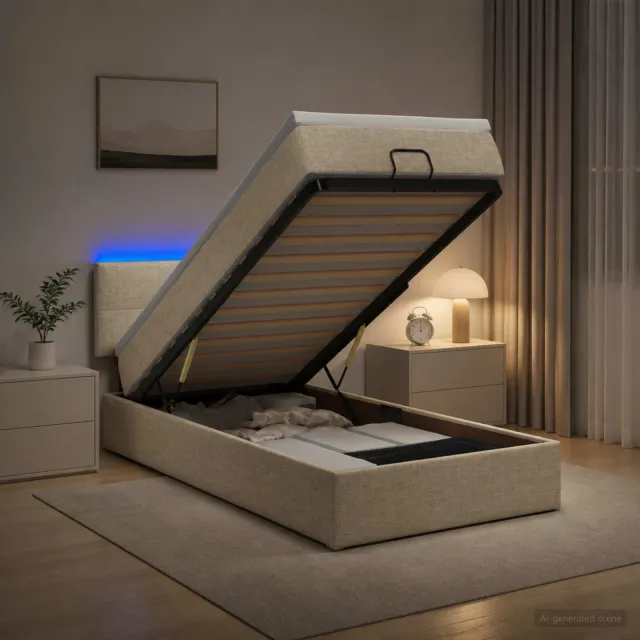 vidaXL Ottoman Bed met Matrassen en LED Crèmekleurig 90 x 200 cm Stof