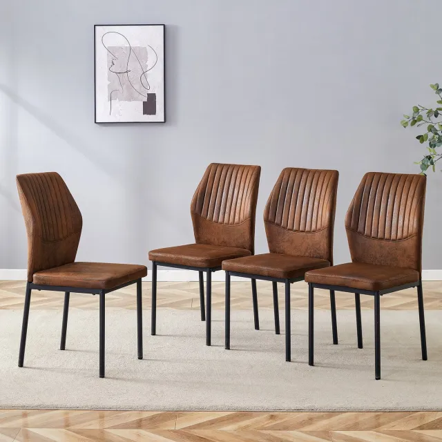 MODENUIT Eetkamerstoel - Set Van 4 - Gestoffeerde Rugleuning Met Verticale Stiksels - Voor Eetkamer - Stof Metaal Bruin-Zwart Bruin+Zwart