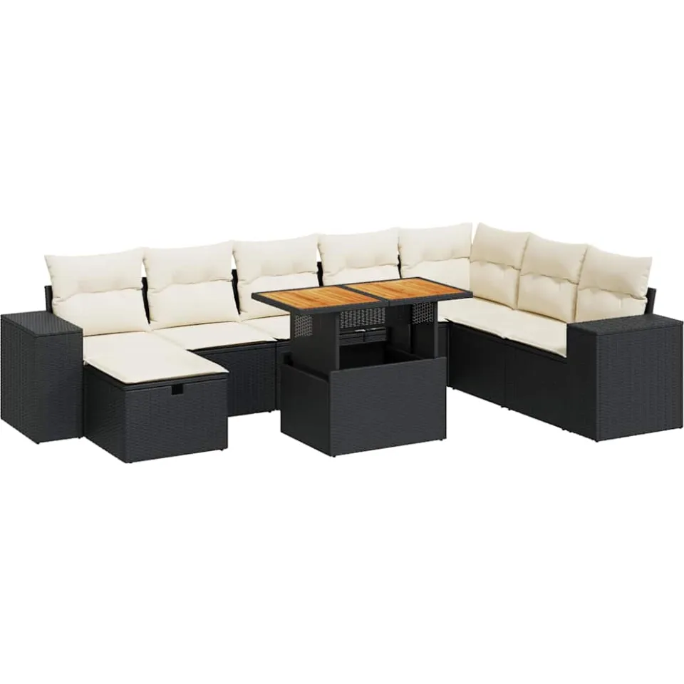 vidaXL 9-delige Loungeset met kussens poly rattan acacia zwart, foto 3