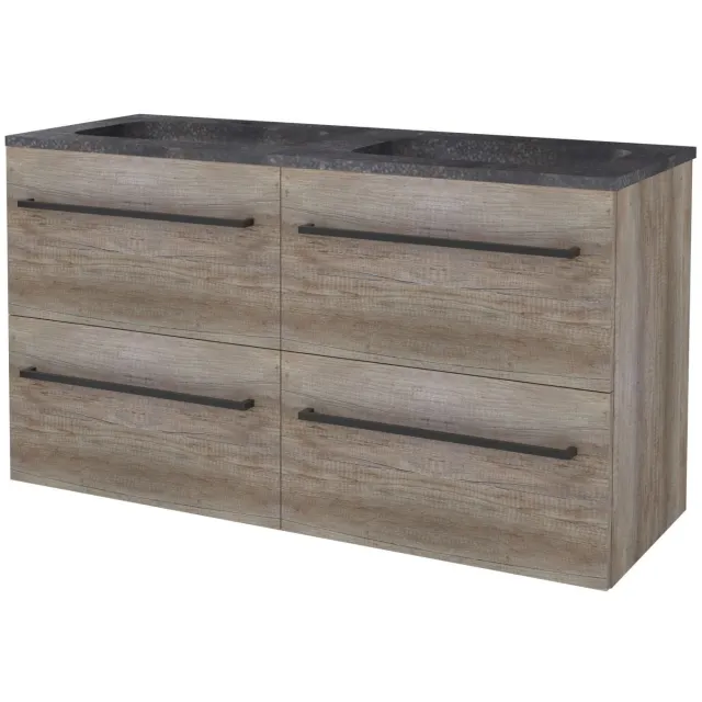 Boss & Wessing Badmeubelset BWS Salt 120x46cm Met Grepen 4 Lades Met Wastafel Hardsteen 2 Kraangaten Scotch Oak Bruin