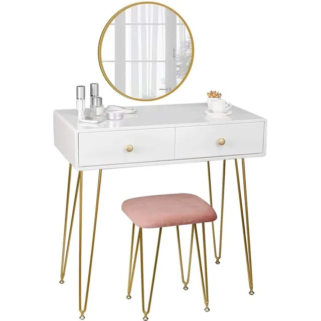 Thuys Luxe Kaptafel – Met Kruk en Spiegel – Make Up Tafel – Voor Vrouwen – Ronde Spiegel – Hoogwaardige Materialen – Roze & Wit Roze, Wit