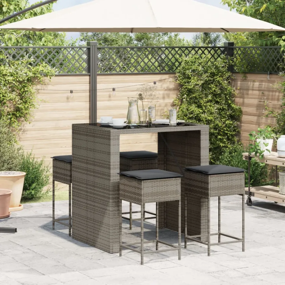vidaXL 5-delige Tuinbarset met kussens poly rattan grijs, foto 3