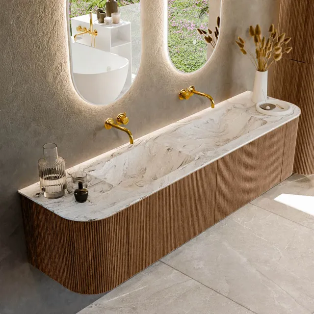 Mondiaz KURVE-DLUX 180 cm Onderkast Greeploos 2 Lades Met Deuren Walnut, Wastafel Solid Surface Dubbel Glace 0 Kraangaten Zonder Spiegel (KRVLEA180L+R2L2D0KD-Wal/Gla)
