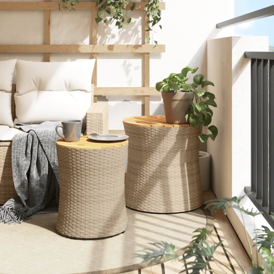 vidaXL Tuinbijzettafels 2 st met houten blad poly rattan beige, foto 3