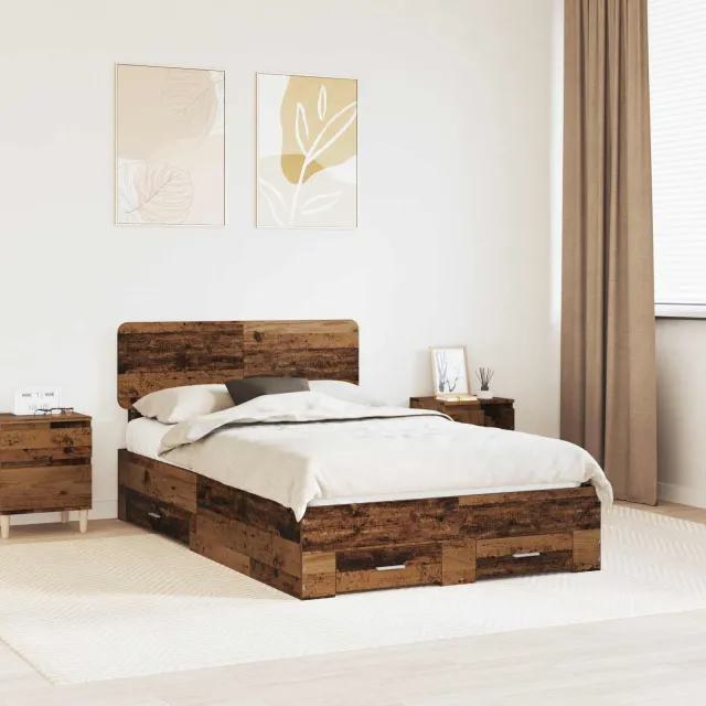 vidaXL Bedframe met lade met opslag Oudhout 120 x 190 cm Bewerkt hout Bruin