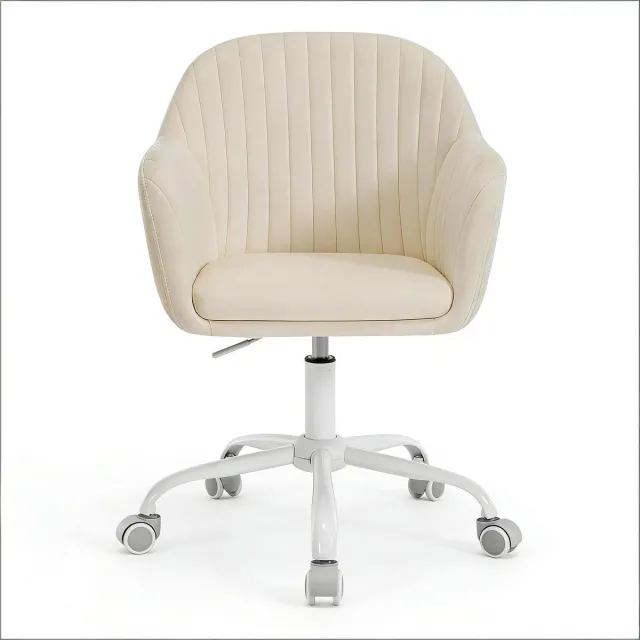 OKWISH Bureaustoel Met Wieltjes – Ergonomische Rugsteun – In Hoogte Verstelbaar En 360° Draaibaar – Voor Thuiswerk, Slaapkamer En Studio – Metaal En Fluweel – Crèmewit
