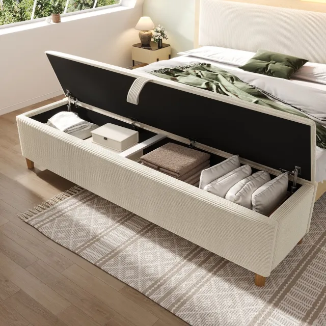 MODENUIT Opbergbank 175 cm - Hydraulische Opbergruimte - Voor Slaapkamer, Hal en Woonkamer - Cord Beige
