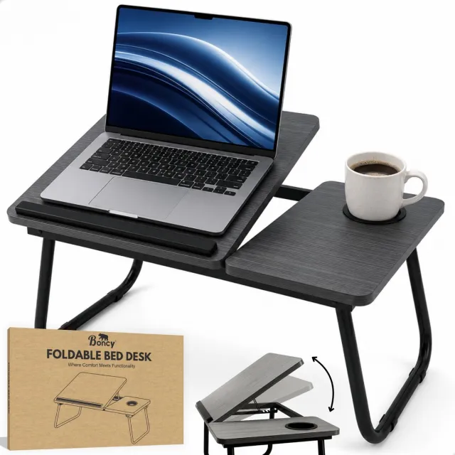 Boncy Luxe Bedtafel - Verstelbare Laptoptafel Incl. Bekerhouder - Schoottafel - Bank Tafeltje Inklapbaar - Ontbijttafeltje voor op Bed - Ontbijttafel Verstelbaar Grijs