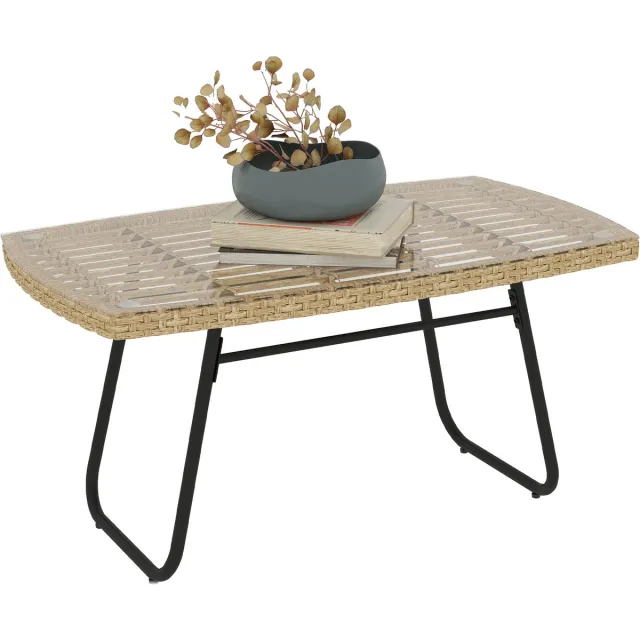 Killogood Tuintafel van rotan - 90 x 50 x 45 cm - UV-bestendige bijzettafel - glazen blad - naturel hout. Natuurlijk hout