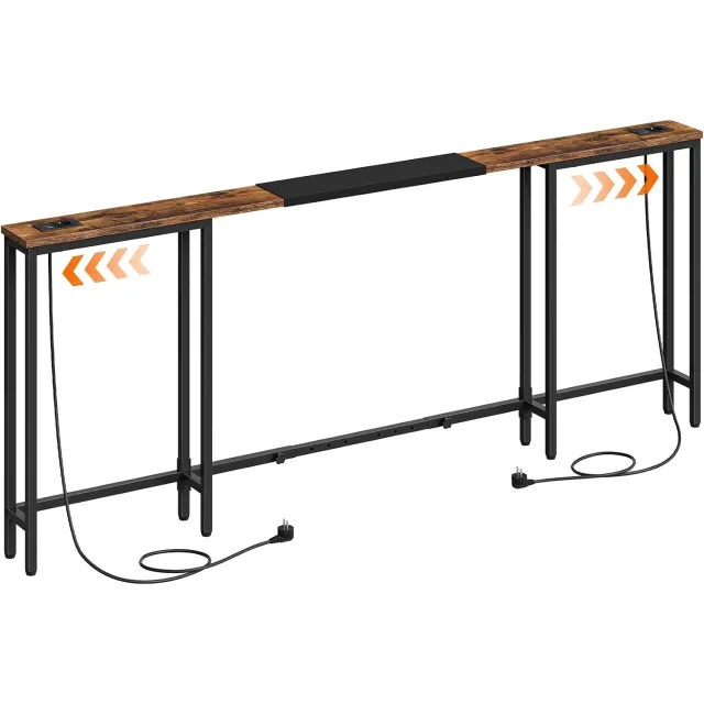 Homesy Smalle consoletafel 160–200 x 15 x 80 cm met oplaadstation, bijzettafel, salontafel Vintage Bruin + Zwart