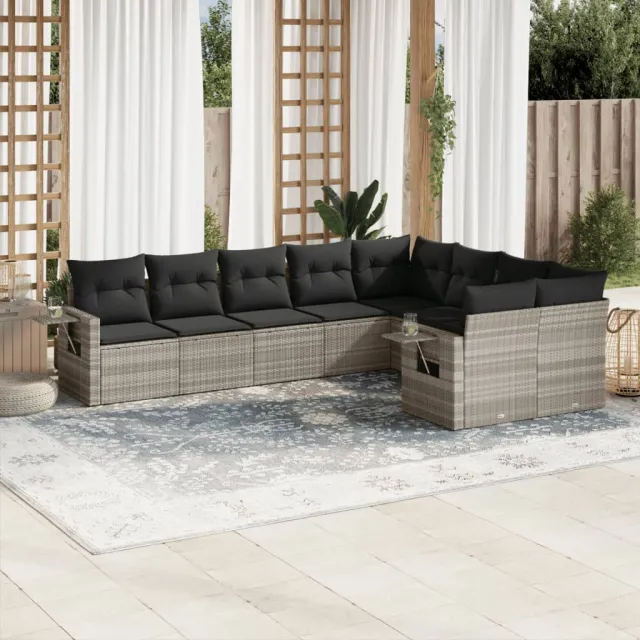 vidaXL 9-delige Loungeset met kussens poly rattan lichtgrijs grijs, foto 2