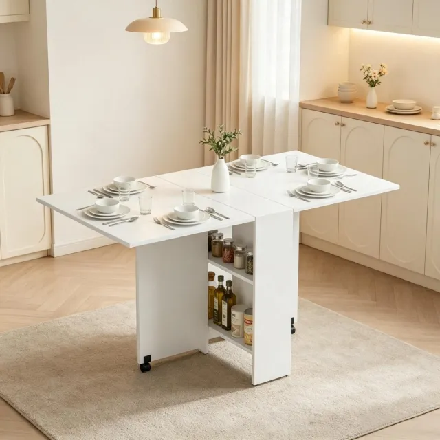 MODFU Opklapbare Eettafel Met Wielen - Spaanplaat - Wit - 75 X 140 X 74 Cm